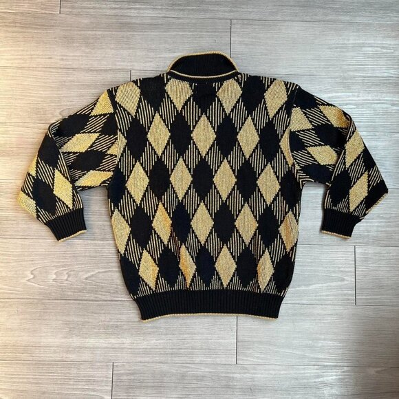 Vintage 80s Alfred Dunner Collared Metallic Gold Argyle Knit Sweater Size S - Picture 2 of 4